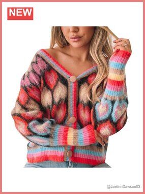 Cute Heart Print Knit Cardigan Button Open Front Cropped Sweater